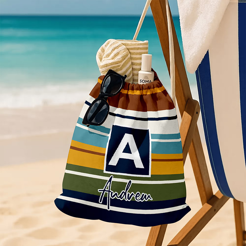 Striped Drawstring Beach Backpack with Name and Initial Beach Party Birthday Gift for Friends Adults