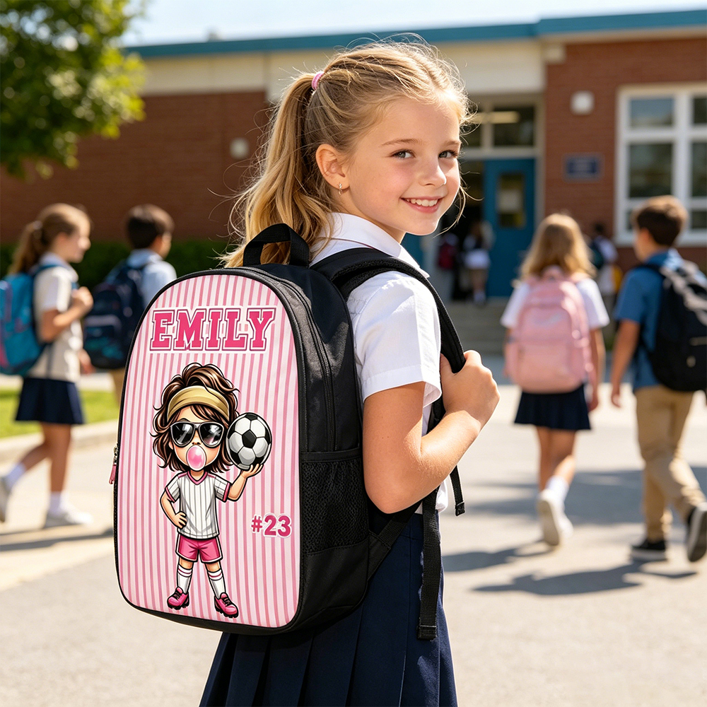 Personalized Stripes Cartoon Soccer Kid Character Backpack with Name Back to School Birthday Gift for Boys Girls