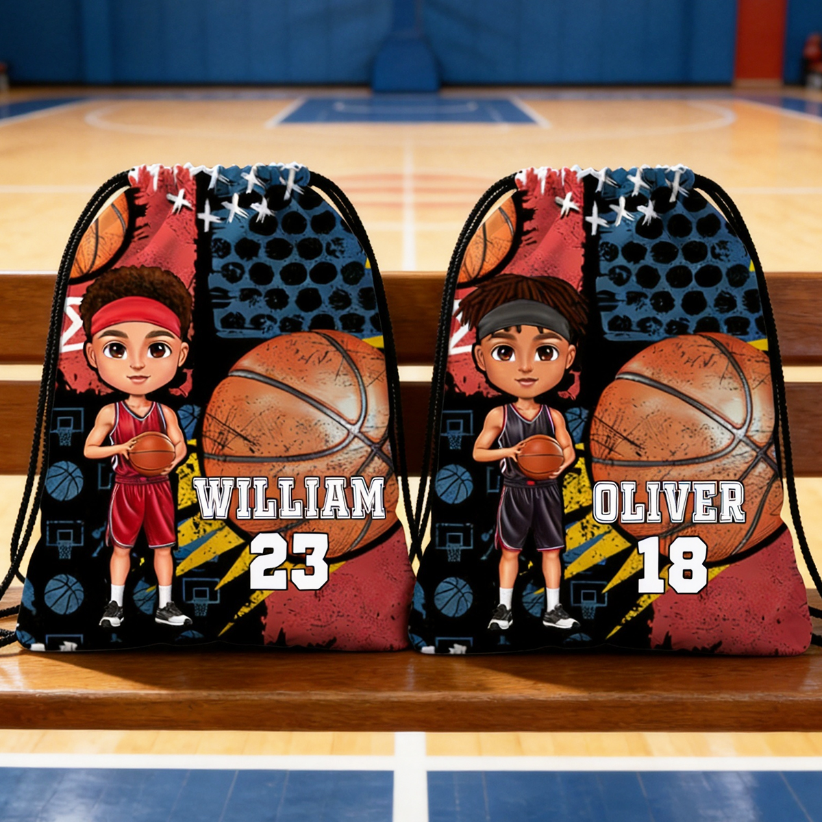 Personalized Cartoon Character Drawstring Storage Bag with Name and Number Back To School Gift for Basketball Lover Friends