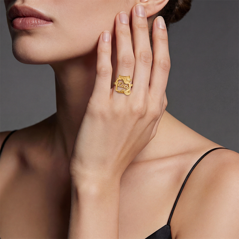 Personalized Cartoon Cat Holding Heart Sterling Silver Name Ring Custom Jewelry for Cat Lovers