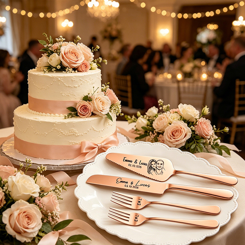 Personalized Wedding Cake Knife and Server Set Engraved Cake Cutting Utensils with Gift Box Couple Photo Face Wedding Cake Cutting Set Gift