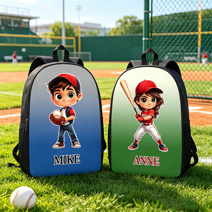 Personalized Cartoon Baseball Character Name Gradient Backpack Back To School Gift for Gym Fitness Baseball Lover