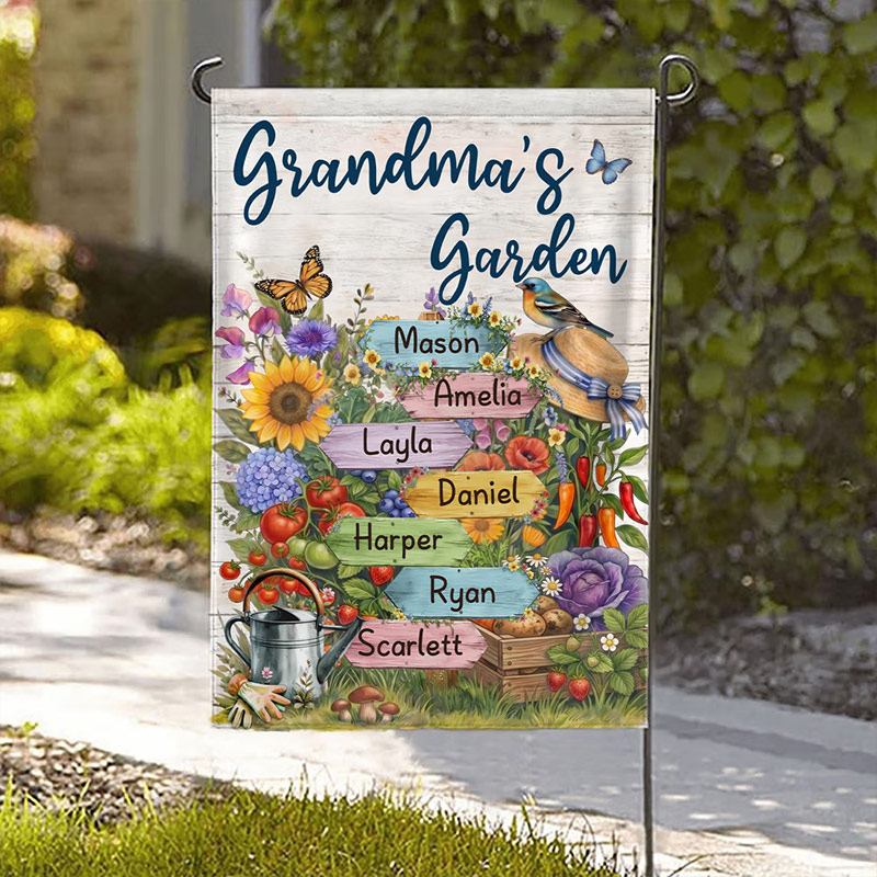 Personalized Butterfly Floral Vegetable Garden Flag with 1-8 Names and Nickname Balcony Outdoor Decor Birthday Anniversary Gift for Family Gardener