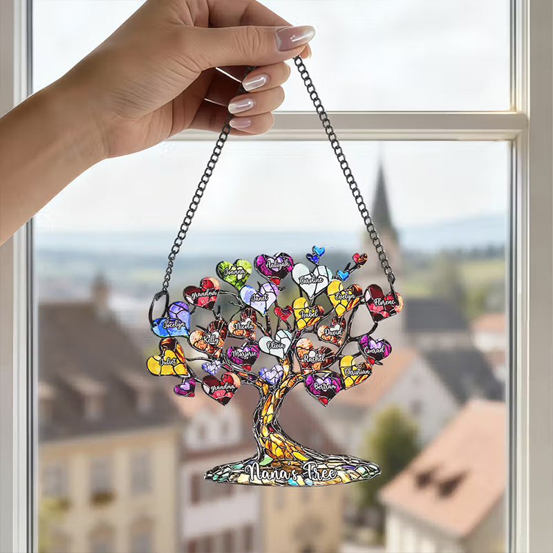 Personalized Glass Art Heart Family Tree Oil Acrylic Ornament with 2-15 Names and Text Home Decor Mother's Day Birthday Gift for Woman Mom Grandma