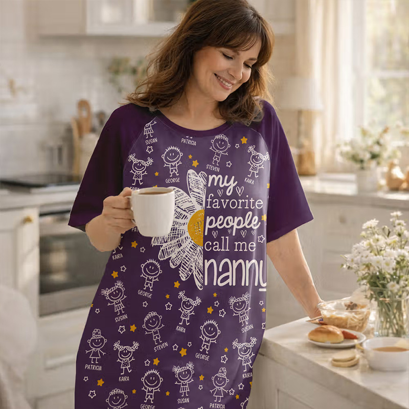 Personalized 1-12 Cartoon Line Art Kids Nightgown with Names and Side Pocket Daily Wear Mother's Day Birthday Gift for Grandma Mom