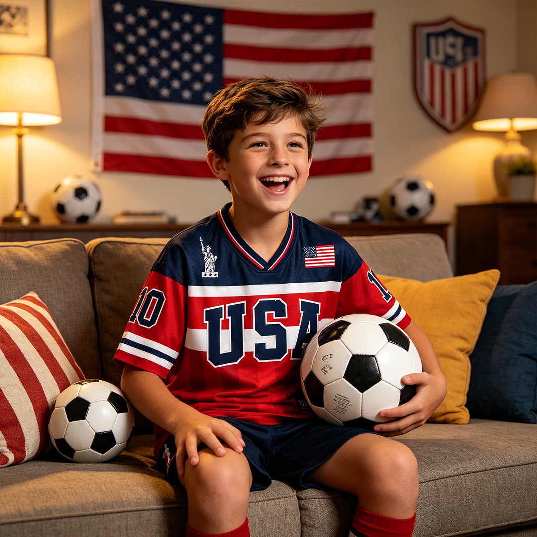 Personalized USA 26 Soccer Kids Mesh Jersey Bold Red White & Blue Heart of Champions for USA Fans