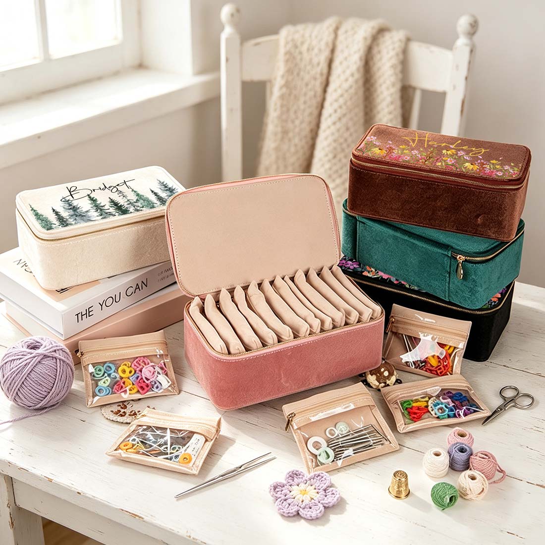Personalized Plush Velvet Knitting Crochet Notions Case Box Portable Storage Box Section Stitch Markers Custom Name with Birth Flower