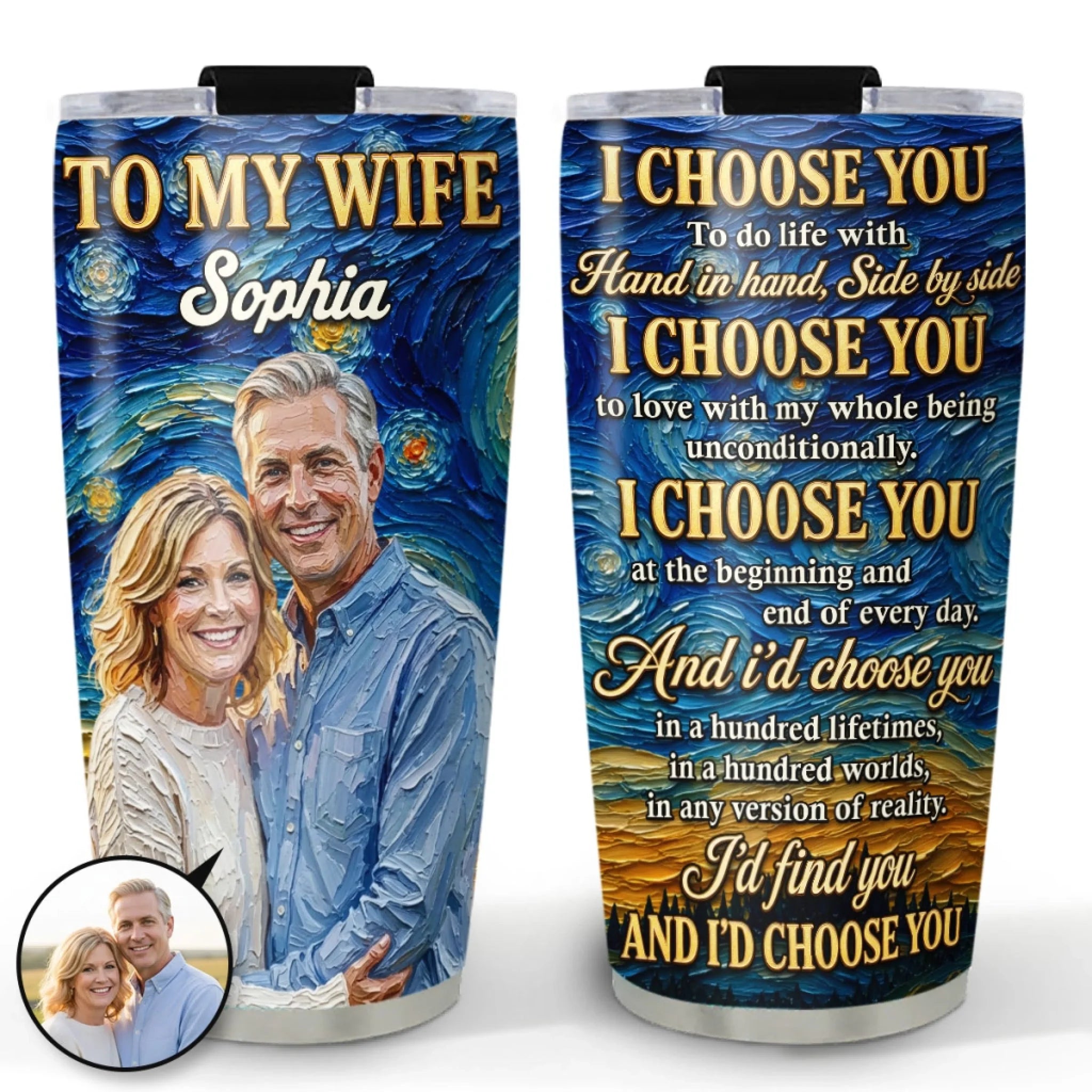 Personalized Custom Photo Tumbler Gift for Wife Couple Photo Gift Idea Anniversary Gift for Wife from Husband Oil Painting Style Tumbler with Photo and Name