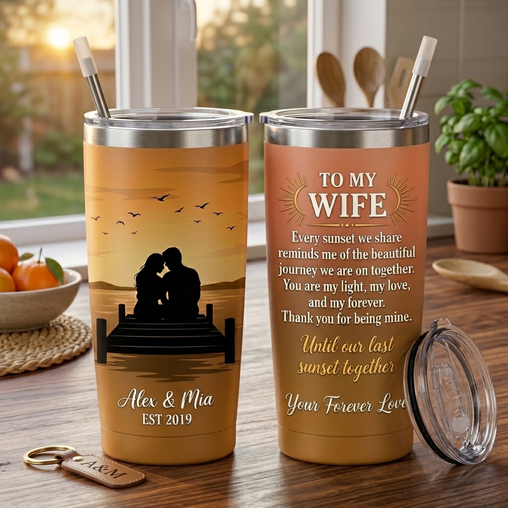 Personalized to Wife Tumbler Customized Couple Silhouettes with Names Sunset Glow Love Tumbler 20OZ Tumbler with Name Gift for Her Couple Matching Tumbler