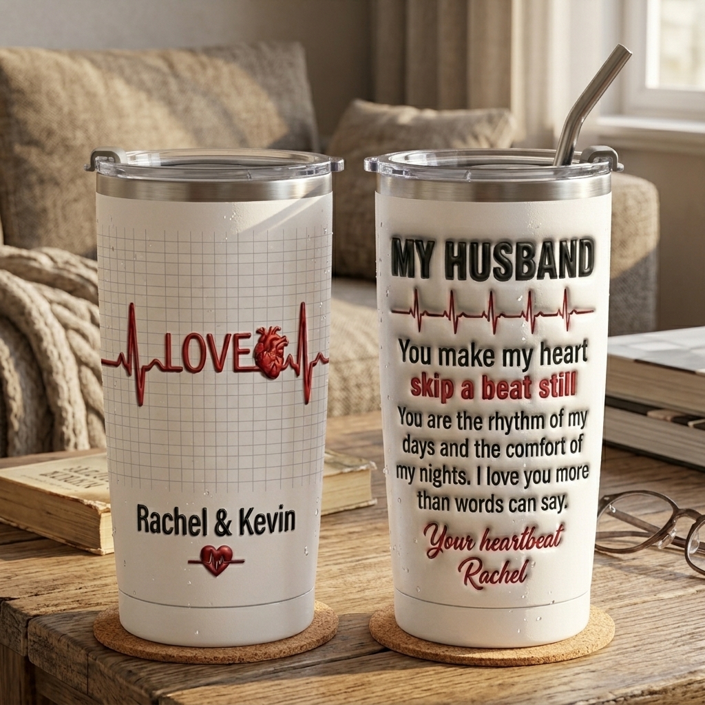 Personalized Love Heartbeat Tumbler for Husband Anniversary Gift for him Couple Name Tumbler 20OZ Stainless Steel Tumbler