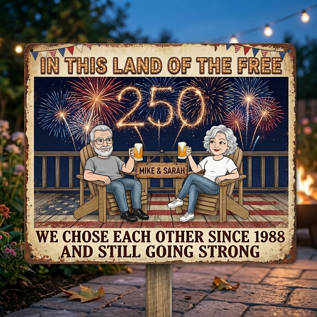 Personalized Cartoon Couple Metal Sign United States Of America 250th Anniversary Couple Backyard Sign Personalized Custom Classic Metal Signs 