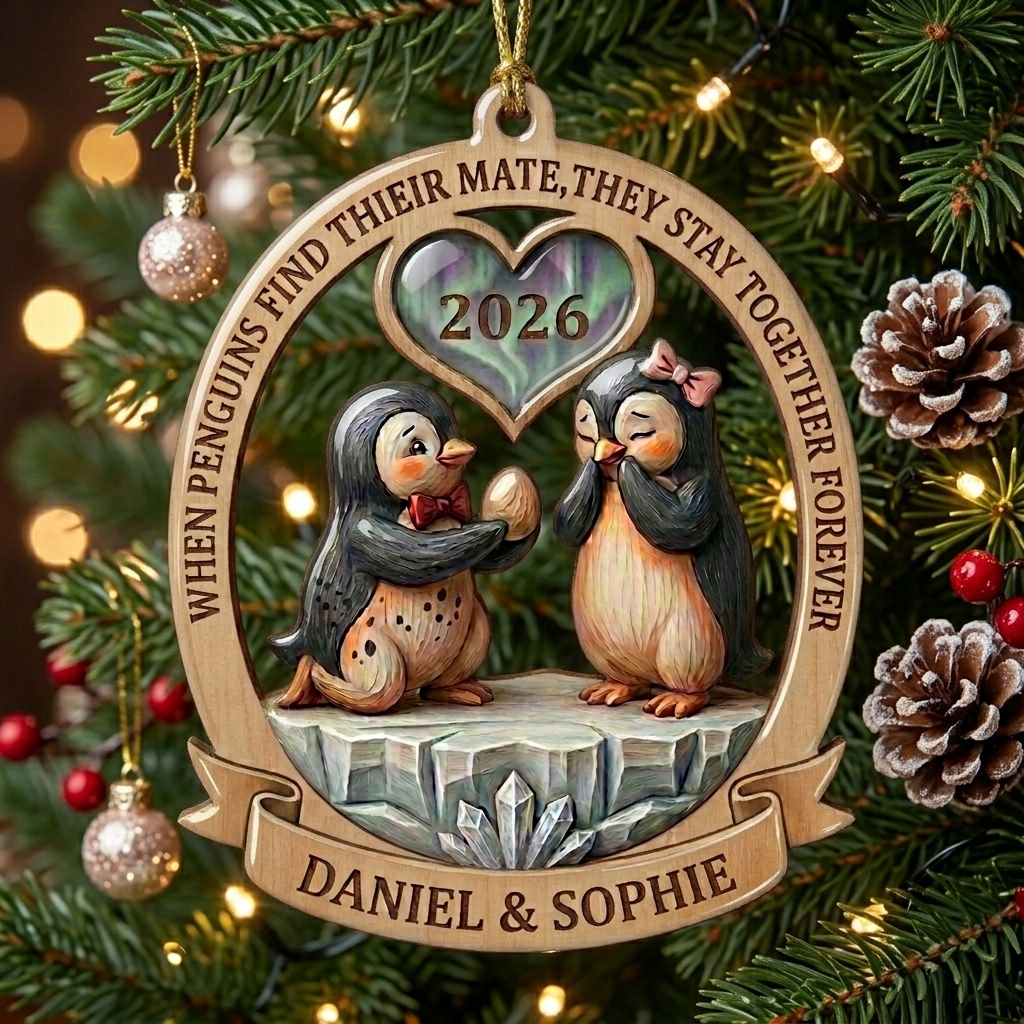 Personalized Penguin Couple Christmas Ornament 2026 Wedding Couple Ornament Custom Names Acrylic Tree Ornament For Newlyweds Couple Gift