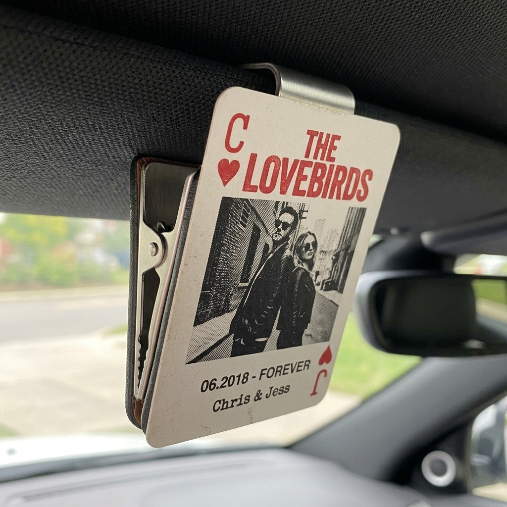 Personalized Couple Photo Drive Safe Car Visor Clip with Name and Initial Playing Cards Design Car Visor Clip Valentines Day Gift for Him Her