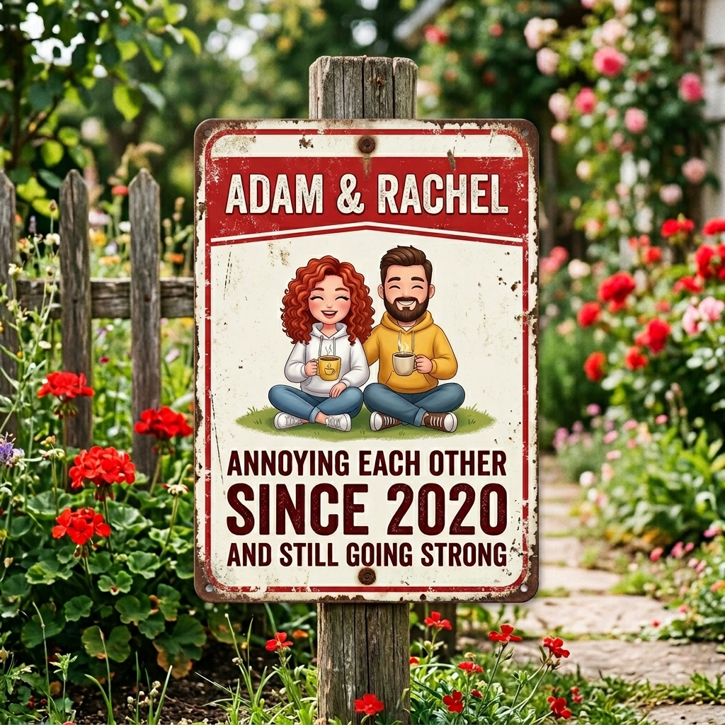 Personalized Cartoon Couple Metal Sign Annoying Each Other for Many Years Couple Backyard Sign with Name Personalized Custom Classic Metal Signs 