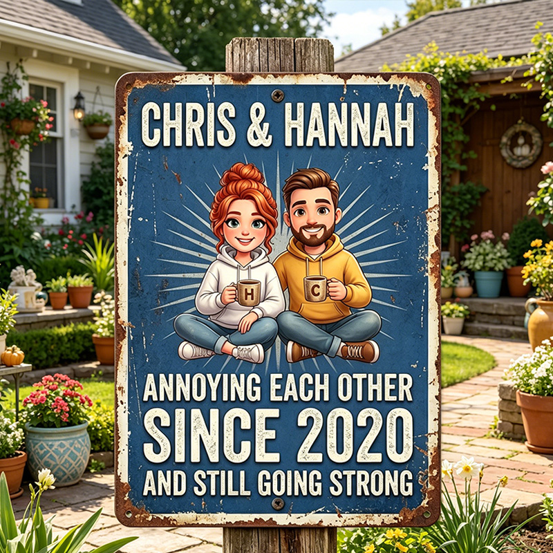 Personalized Cartoon Couple Photo Metal Sign Annoying Each Other for Many Years Couple Backyard Sign with Name Personalized Custom Classic Metal Signs 