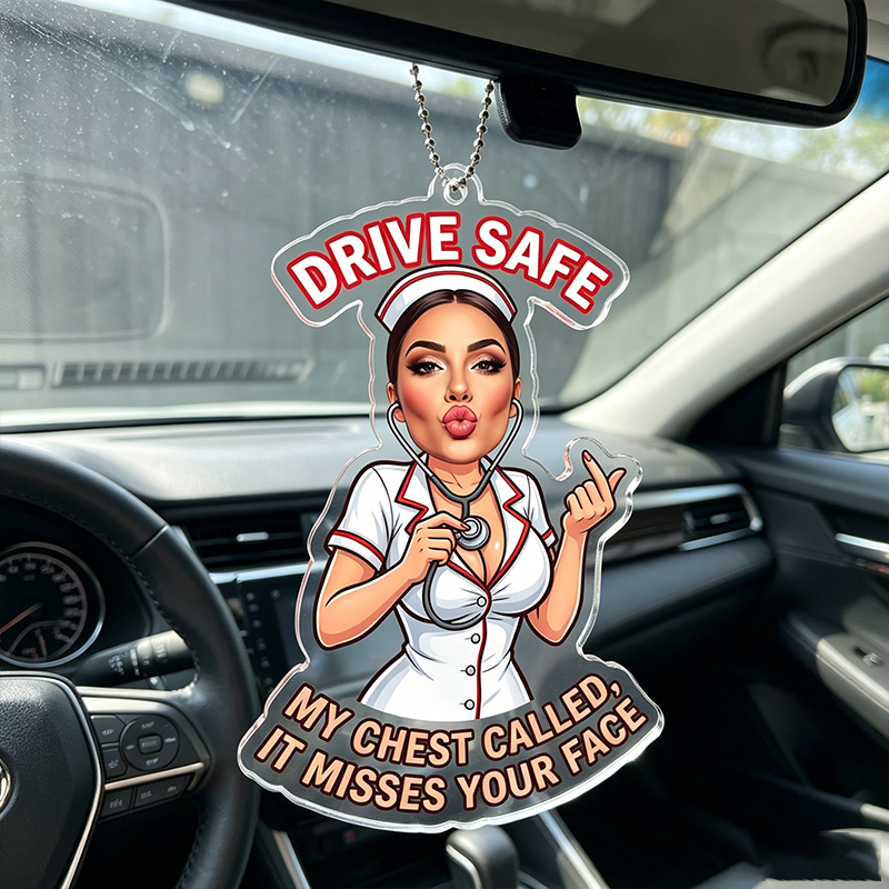 Personalized Funny Flirty Acrylic Car Ornament Drive Safe Rear View Mirror Hanging Charm My Chest Called It Misses Your Face Rude Cartoon Nurse Car Accessory Unique Novelty Gift For Husband Boyfriend Driver