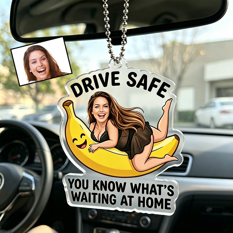 Personalized Flirty  Drive Safe Car Ornament with Her Photo Acrylic Car Ornament Drive Safe Rear View Mirror Hanging Charm My Chest Called It Misses Your Face Rude Cartoon Nurse Car Accessory Unique Novelty Gift For Husband Boyfriend Driver