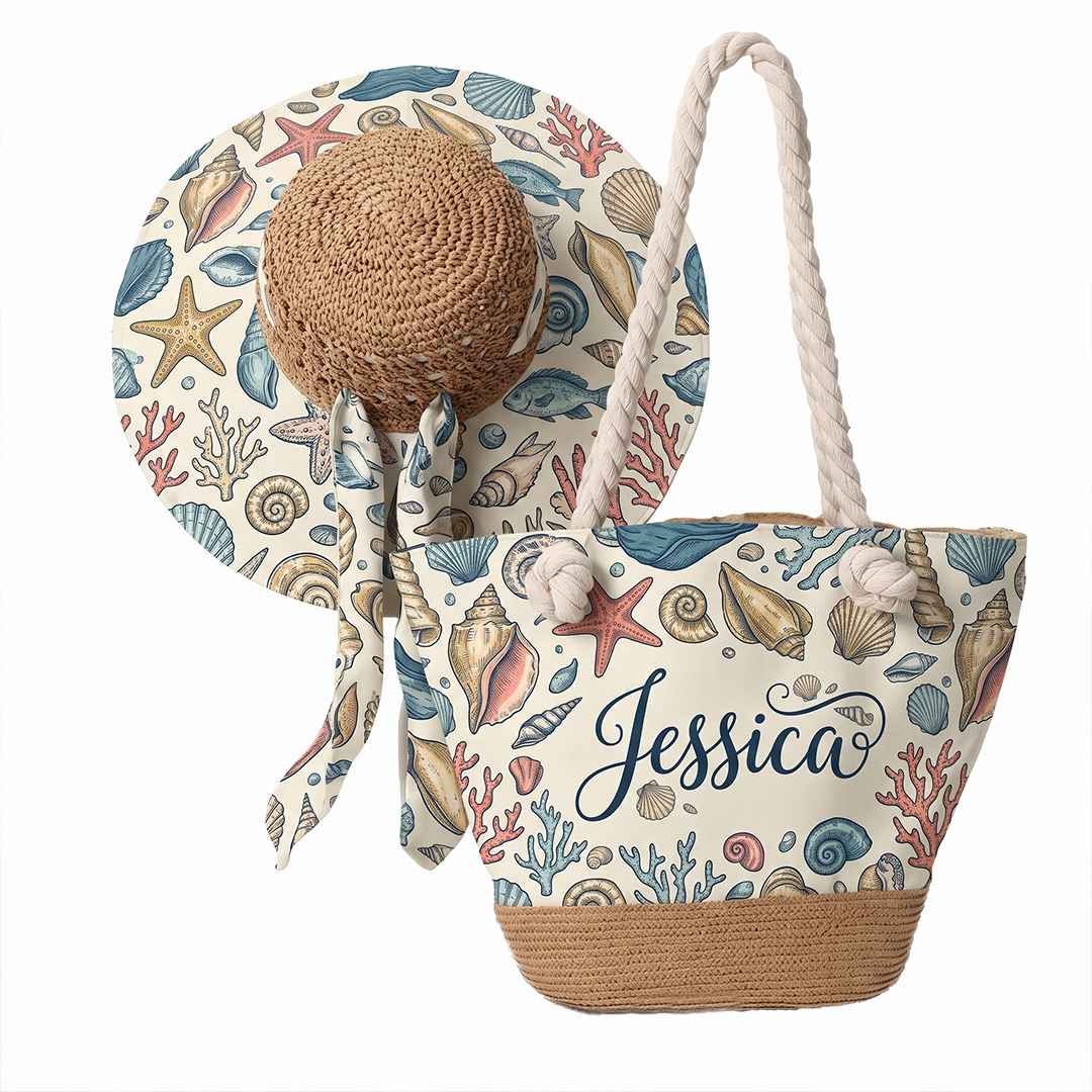 Personalized Seashell Beach Bag and Sun Hat Det Custom Name with Coral Seashell Pattern Gift for Her on Beach Vacation