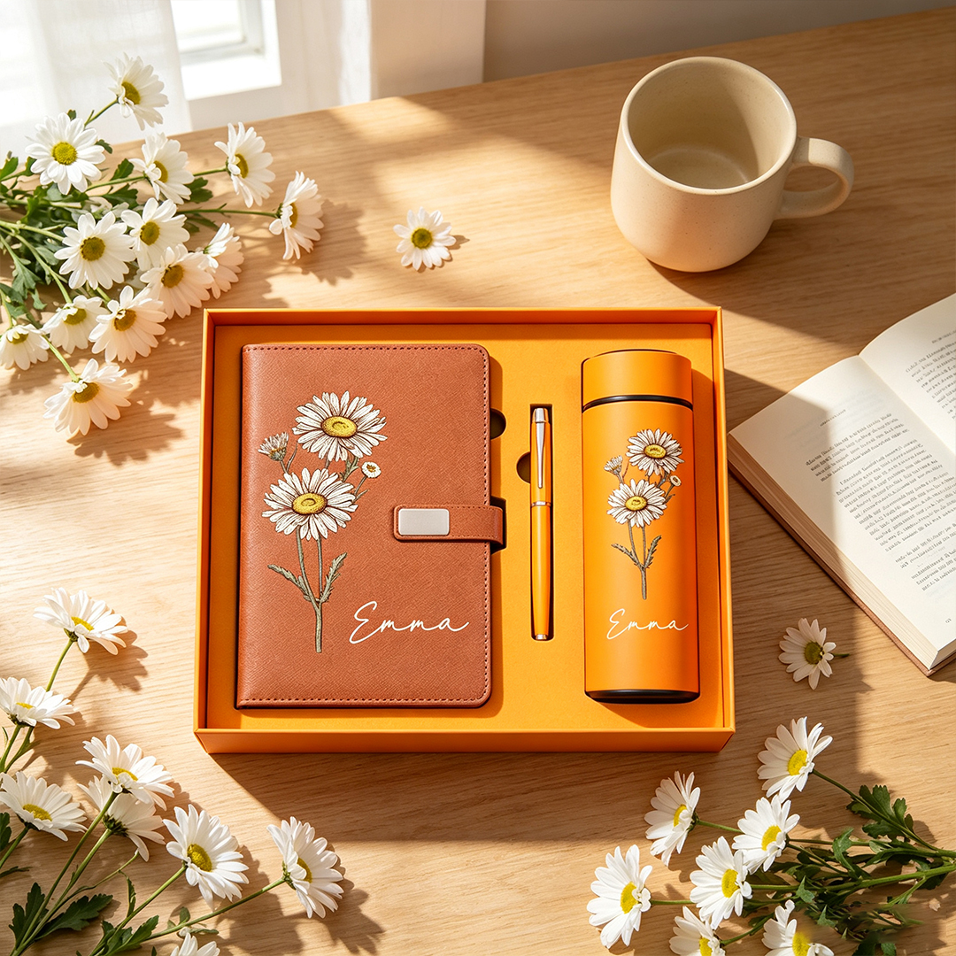 Personalized Birth Flower Notebook Pen and Cup Set Custom Name Birthday Gift for Her
