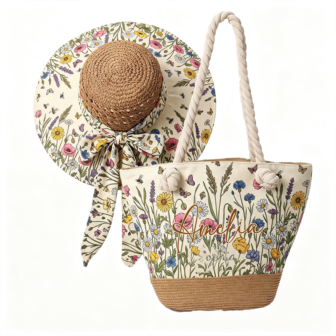Personalized Wildflower Beach Hat and Tote Bag Set Custom Name Straw Sun Hat with Floral Canvas Bag