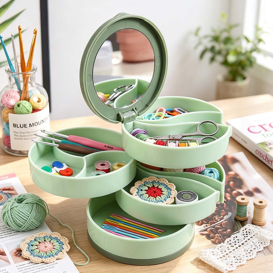 Personalized Knitting Crochet Notions Case Storage Box Rotating Multi-Layer Compartment Crochet Tool Case Custom Name with Flower