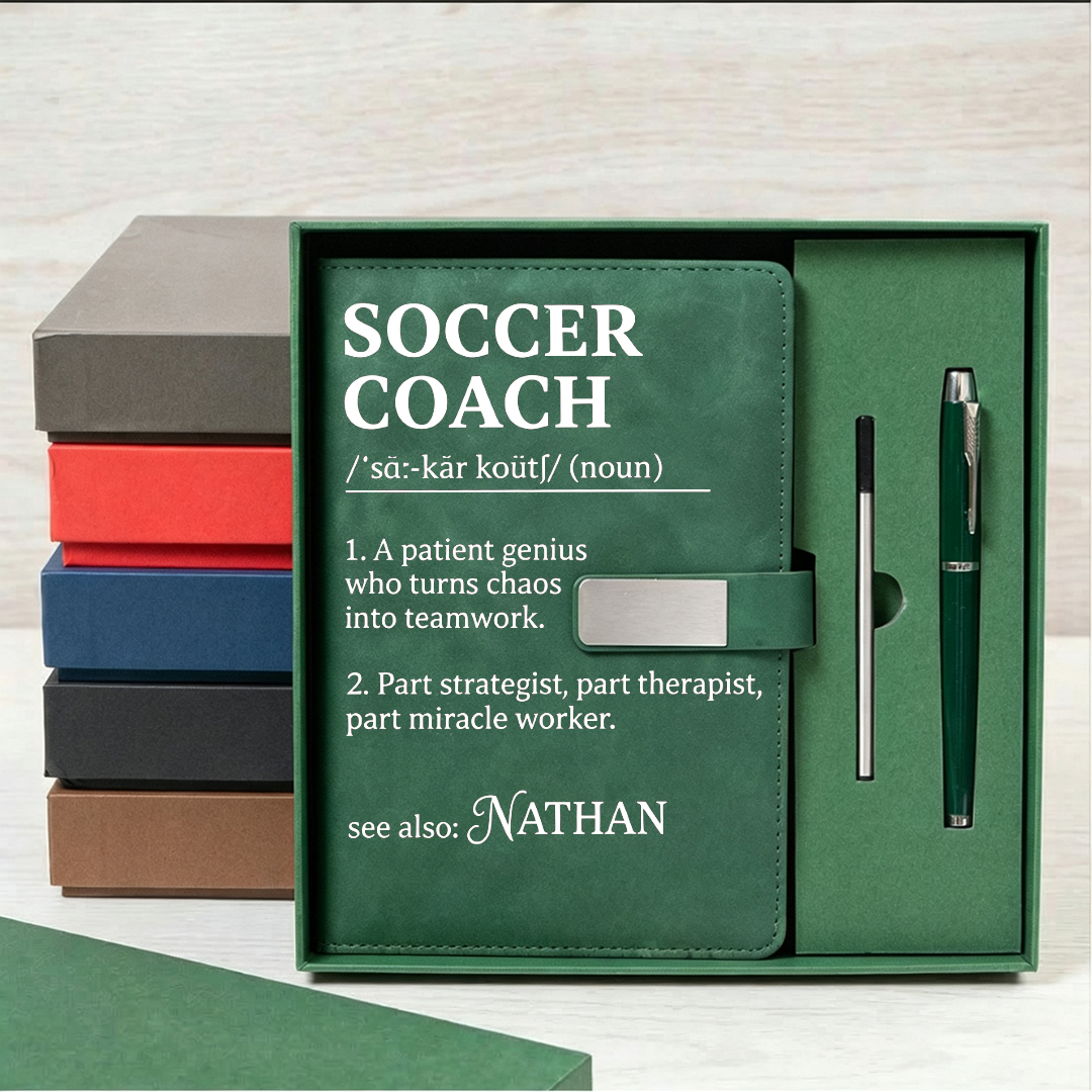 Personalized Soccer Coach Notebook and Pen Gift Set Custom Name Thanks Gift for Coach