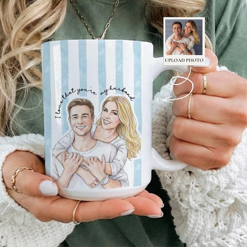Personalized Watercolor Couple Photo Mug Stripe Custom Picture Coffee Cup Gift For Husband Wife Anniversary Valentine’s Day Gift for Her