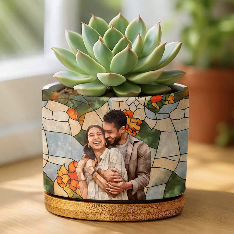 Personalized Photo Stained Glass Portrait Mom Grandma Parents Family Custom Ceramic Plant Pot