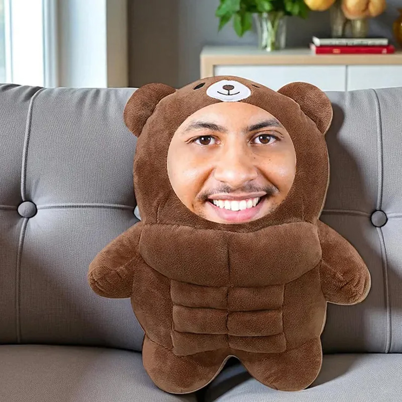 Personalized Muscle Bear Plush Toy Custom Face Stuffed Animal Pillow for Friends Gym Rat Gym Lovers