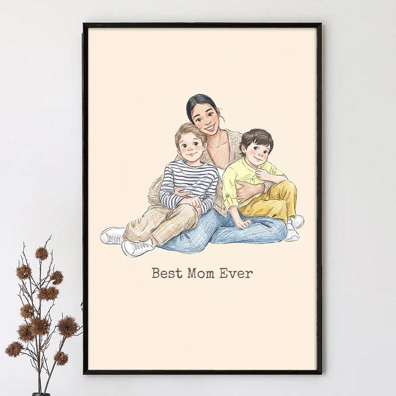 Personalized Photo Colored Pencil Sketch Happy Family Dad Mom Kid Pet Custom Poster for Family Mom Dad Birthday Gift