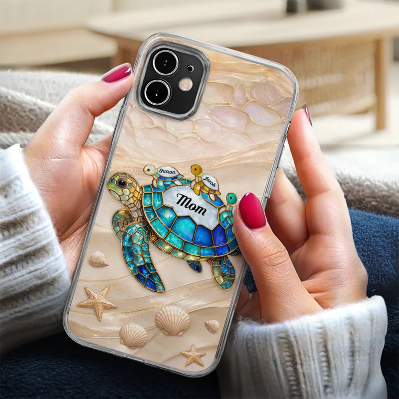 Personalized Turtle Stained Glass Mom Grandma Photo Case Custom Clear Phone Case with Kids Names Gift for Mom Grandma