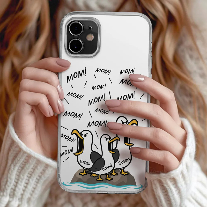 Personalized Funny Screaming Seagull Phone Case for Dad Custom Clear Phone Case with 1-10 Kids Names for Dad Birthday Gift 