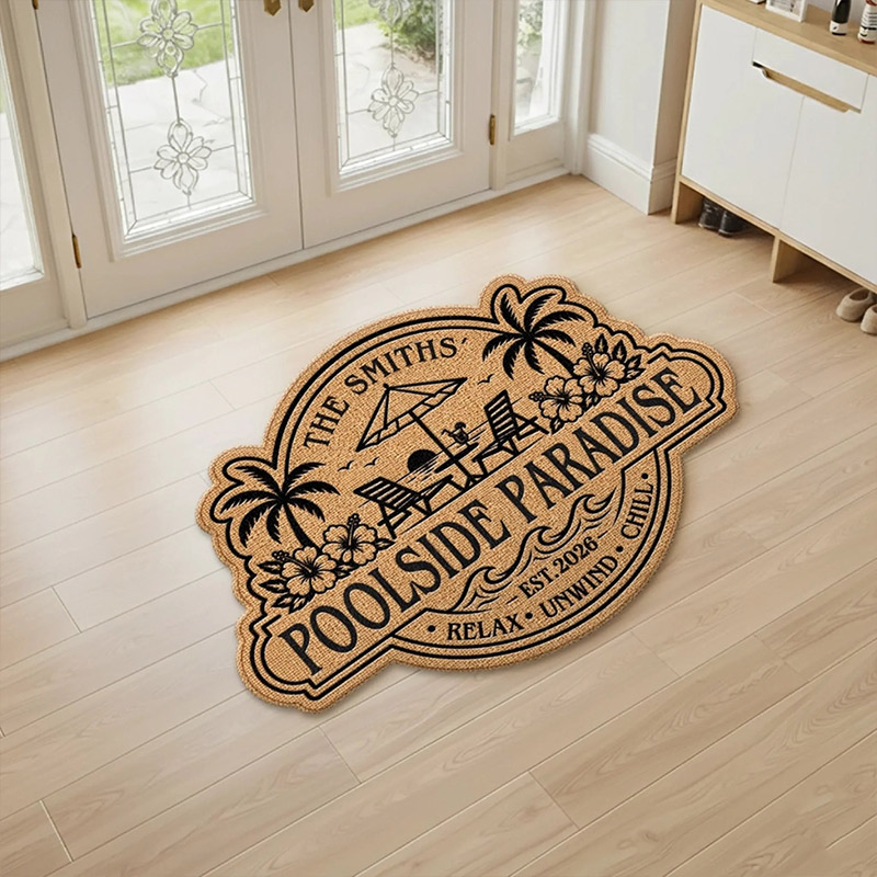 Personalized Poolside Shaped Doormat Cuatom Family Summer Vacation And Travel Gifts For Mom Dad Brother Sister Welcome To Our Happy Place