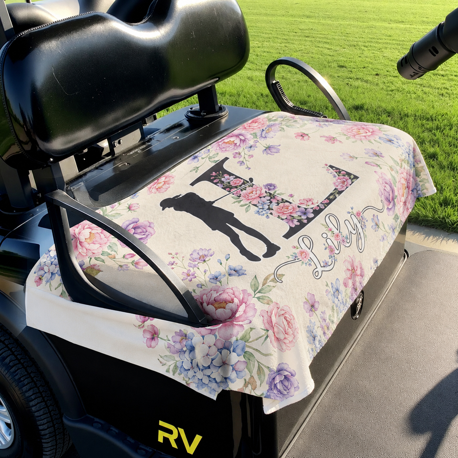 Personalized Floral Golf Cart Seat Cover Flower Letter with Custom Name Gift for Golf Lovers