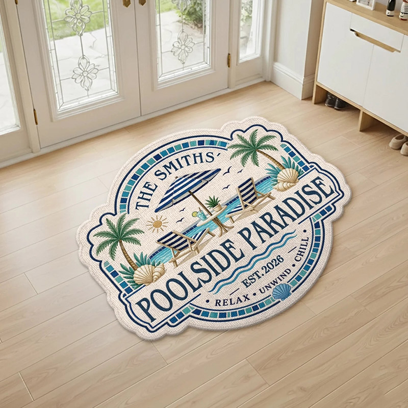Personalized Poolside Shaped Doormat Cuatom Family Summer Vacation And Travel Gifts For Mom Dad Brother Sister Welcome To Paradise