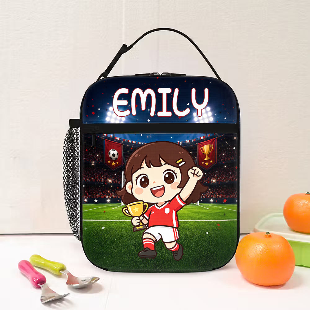 Personalized Soccer Theme 3D Cartoon Character Lunch Bag with Photo and Name Back to School Birthday Gift for Boys Girls