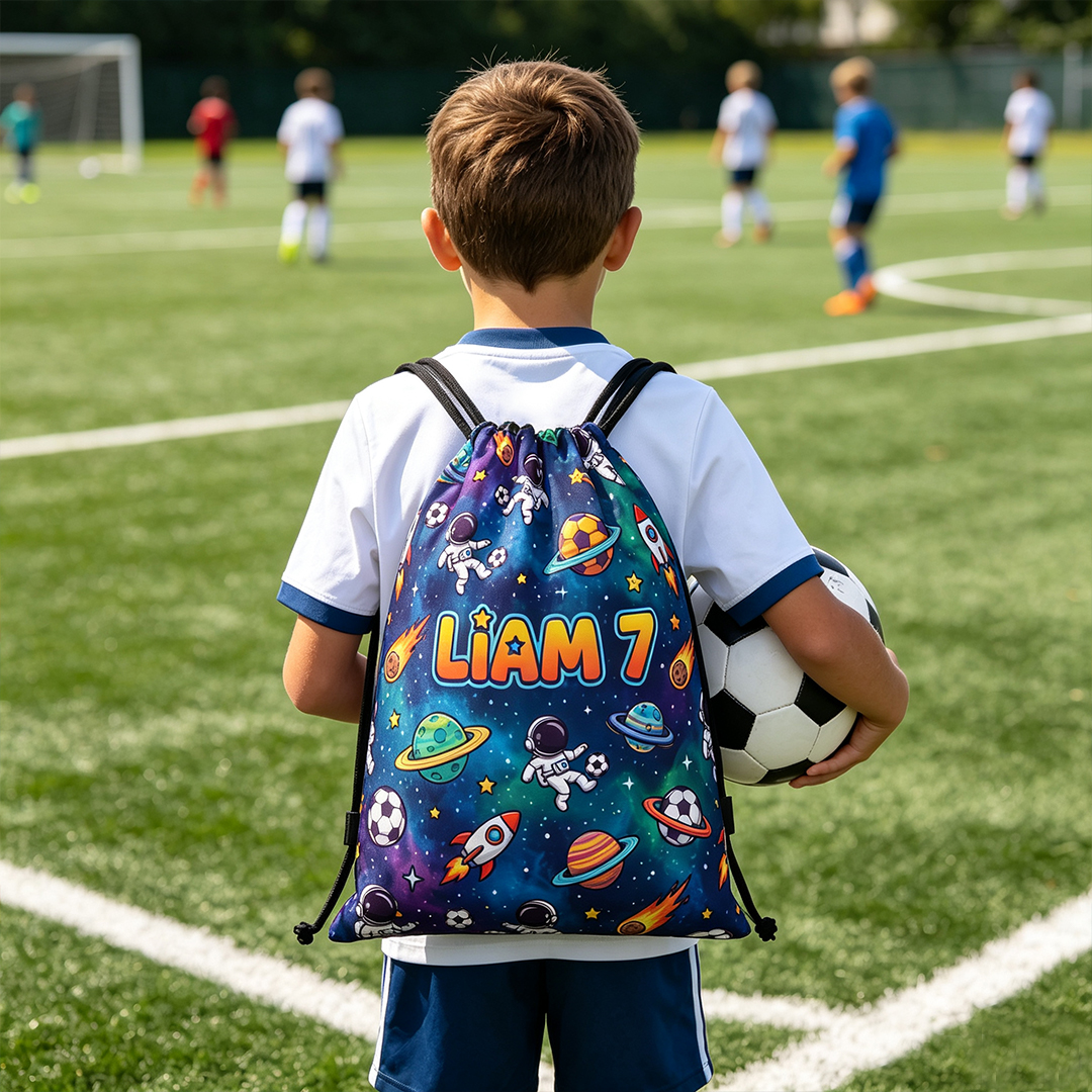 Personalized Kid's Astronaut Soccer Drawstring Backpack with Starry Sky and Space Design Custom with Name and Number Gift for Soccer Lovers