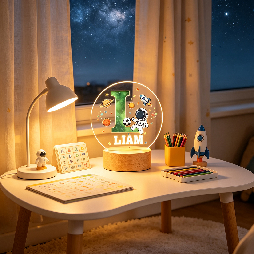 Personalized Kid's Astronaut Night Light Starry Sky Space Soccer Ambience Ligh with Initials Cozy Bedside Lamp Birthday Gift