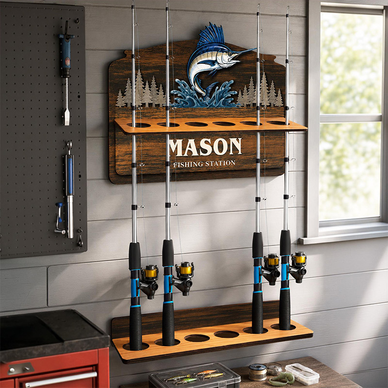 Personalized Reel Cool Dad Fishing Rod Holder Custom Angler Gift for Dad Wooden Fishing Pole Organizer Fisherman Wall Decor Bass Fishing Station Sign
