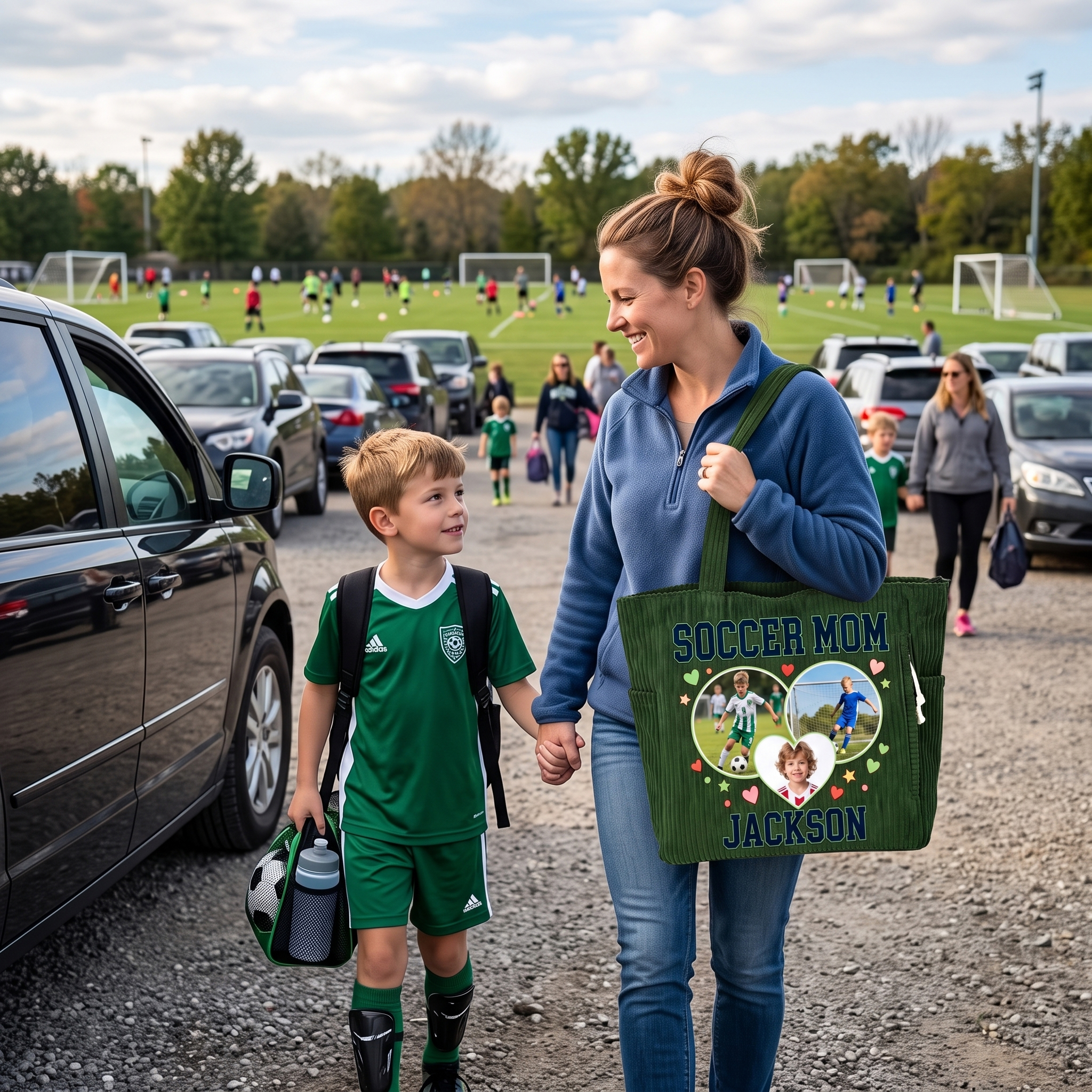 Personalized Corduroy Tote Bag Soccer Mom Handbag Custom with Photos and Name Large Capacity Title Daily Use Shopping Game Day Gift for Mom Grandma