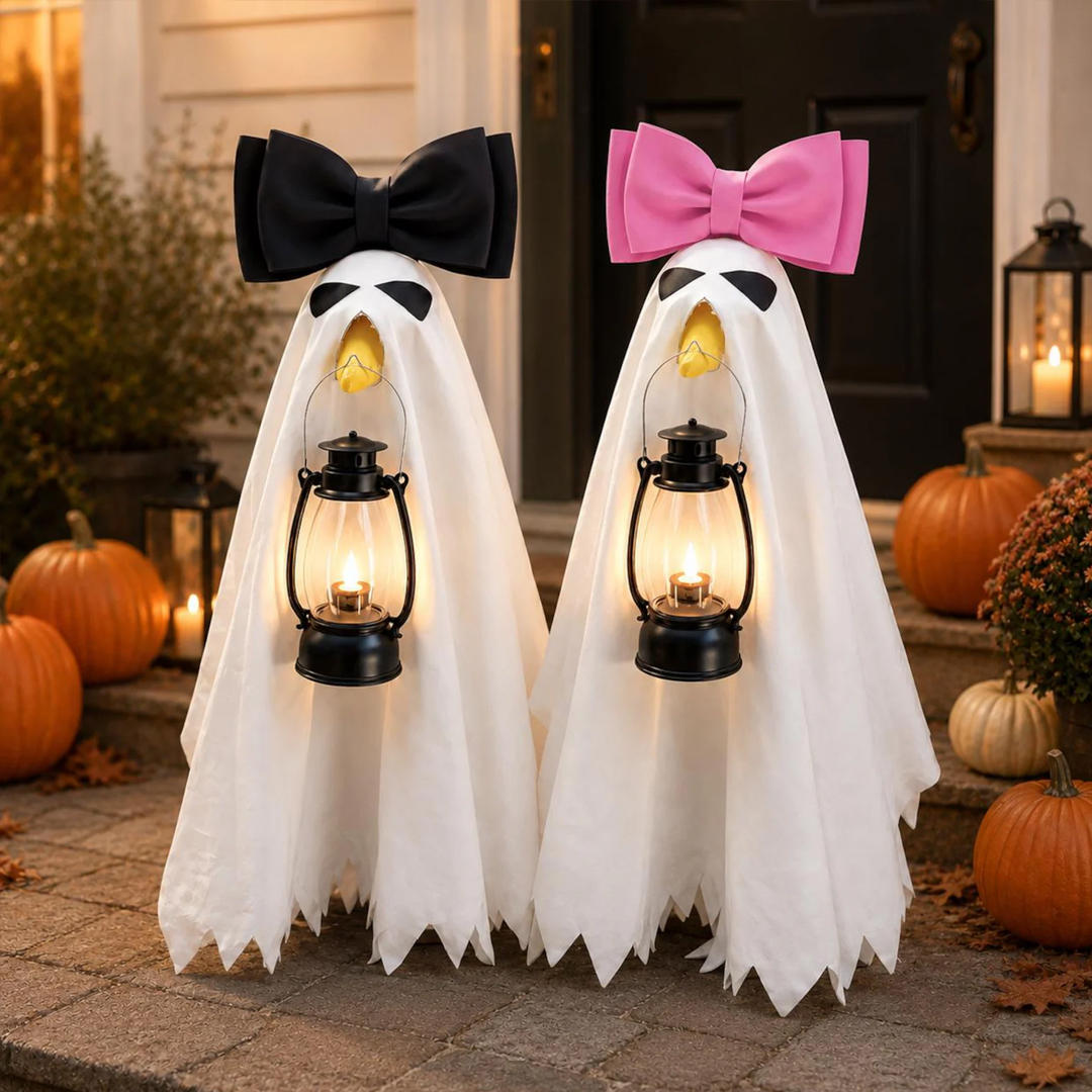 Porch Goose Halloween Costume for 23 Inch Goose White Ghost Cover with Pink Bow and LED Lantern Outdoor Fall Decor Gift