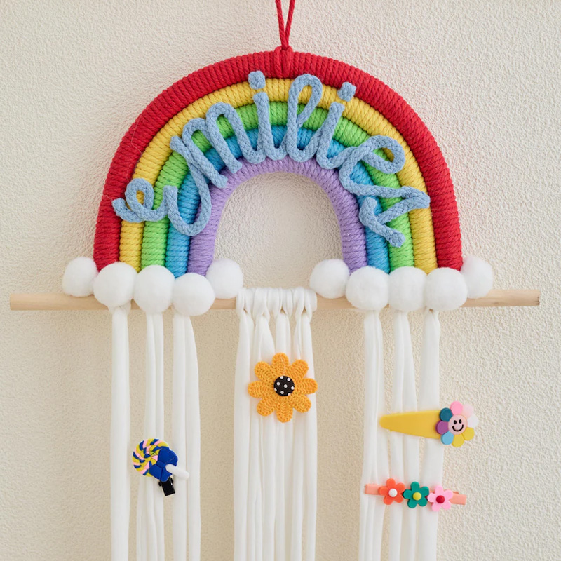 Personalized Name Rainbow Hair Clip Holder Custom Embroidered Girls Room Organizer Birthday Gift