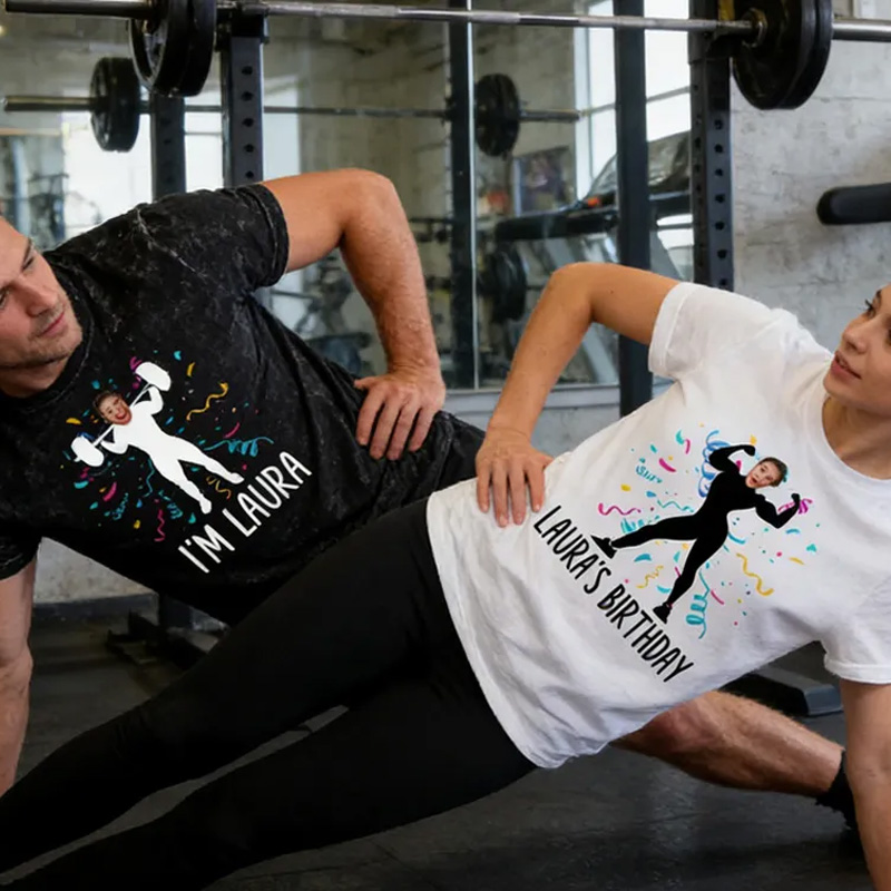 Personalized Washed T-Shirts Fitness Couple Group Fitness Photo Tee Funny Custom Face with Name T-Shirt for Gym Lovers