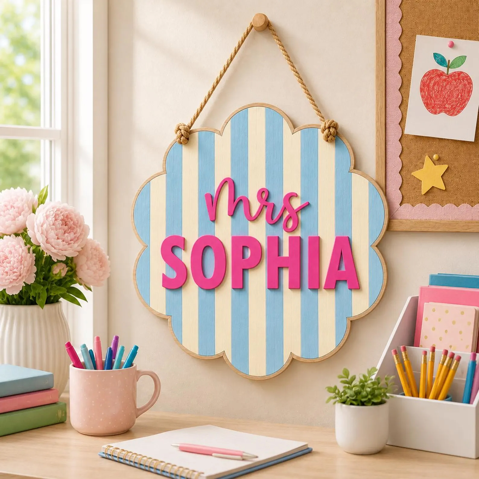 Personalized Teacher Door Sign Scalloped Striped Wooden Name Plaque Custom Classroom Decor Back to School Teacher Gift