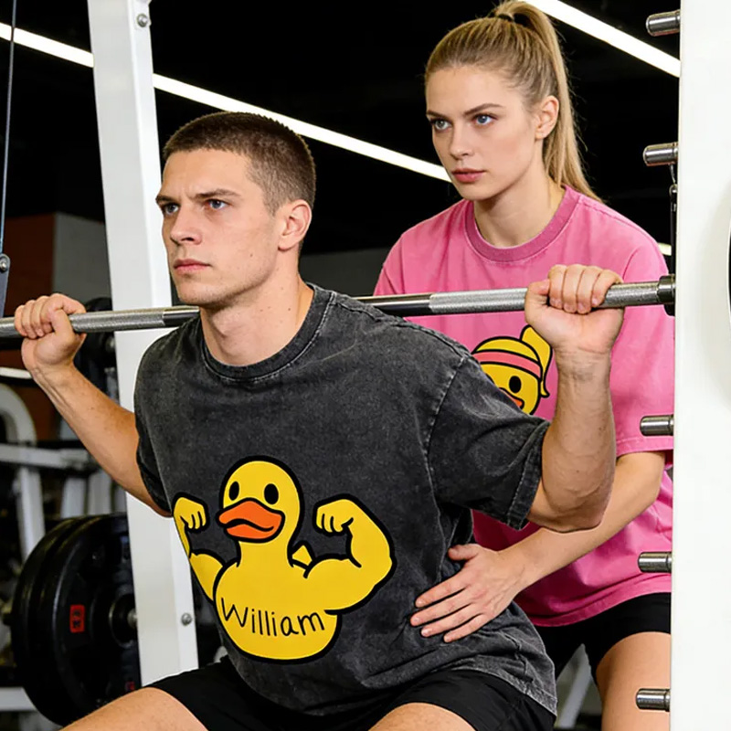 Personalized Washed T-Shirts Fitness Couple Funny Muscle Arm Duck with Name T-Shirt for Gym Lovers