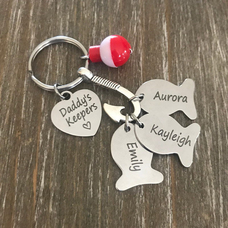 Personalized Fishing Keychain with Kids Names for Dad Grandpa Custom Engraved Fish Hook Fishing Lover Gifts for Him