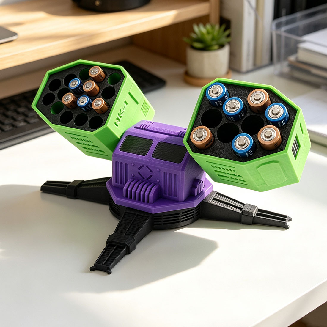 Battlefield Mech Launcher Battery Holder 3D Printed Rotatable Desk Organizer Unique Gift for Gamers & Tech Lovers