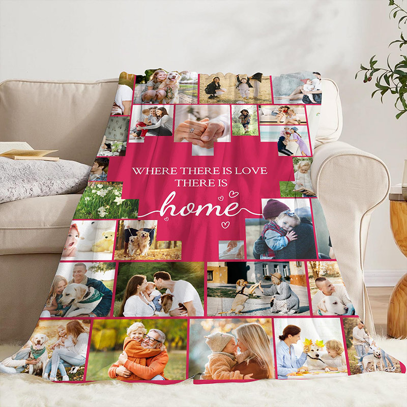Personalized Photo Collage Flannel Blanket Custom Family Keepsake Beige Heart More than 20 Pictures