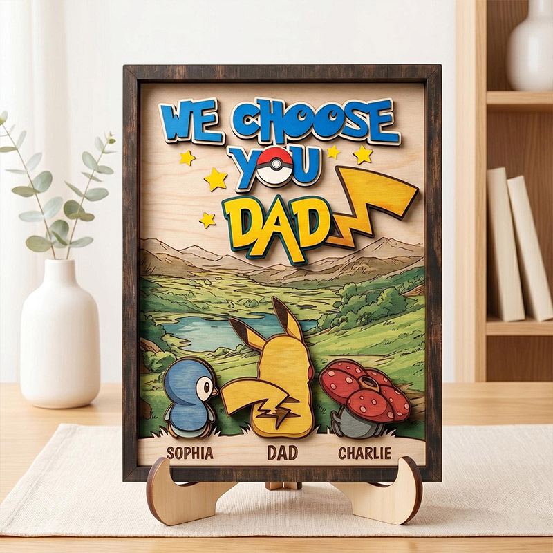 Personalized We Choose You Dad Wooden Sign PokeDad Birthday Gift Custom Cartoon Monster Family Name Plaque Wood Desk Decor