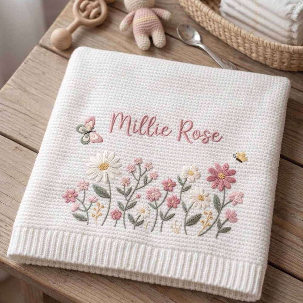 Personalized Floral Embroidered Baby Blanket Custom Name Knitted Throw Welcome Baby Blanket Nursery Keepsake